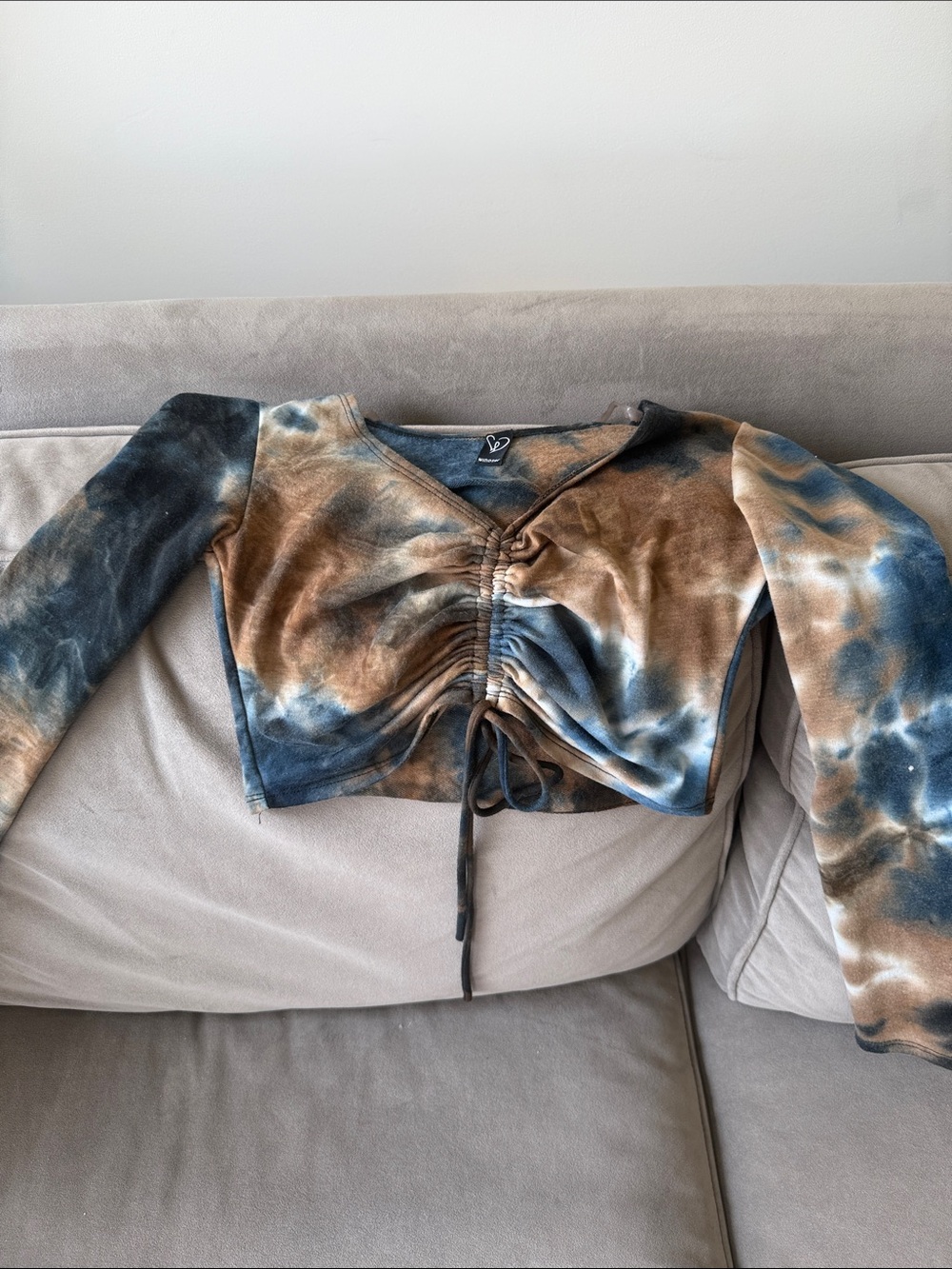 Windsor Tie-Dye Ruched Front Long Sleeve Crop Top - Brown & Blue